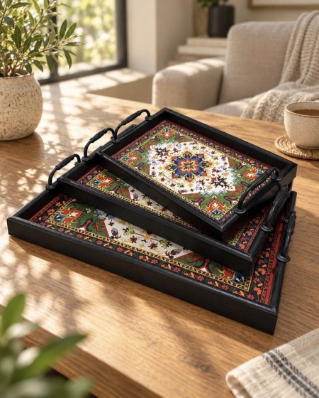 طقم صواني تقديم مزخرفة – 3 أحجام/إطار اسود